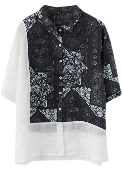 Black Peter Pan Collar Button Patchwork Print Fall Shirt Half Sleeve