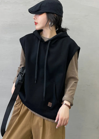 Black Pocket Loose Cotton Pullover Sweatshirt Tops Sleeveless
