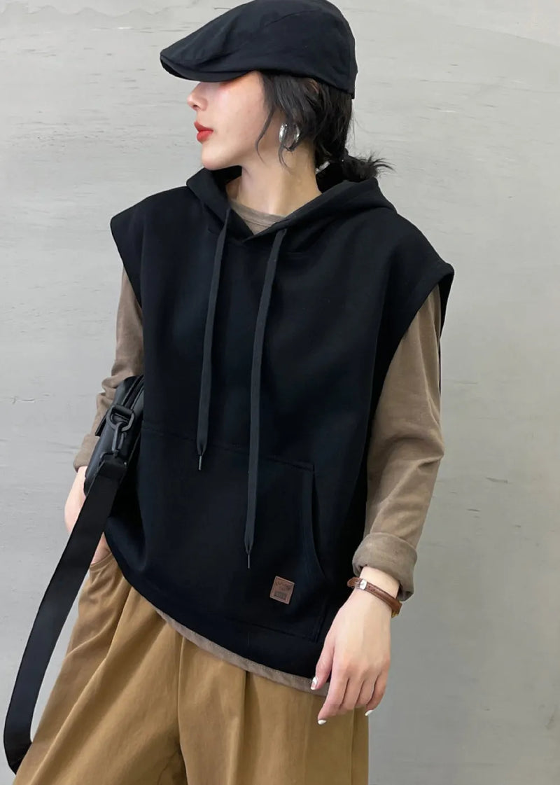 Black Pocket Loose Cotton Pullover Sweatshirt Tops Sleeveless