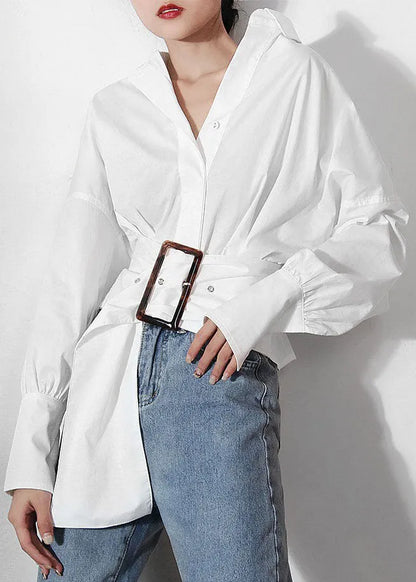 White Lantern Sleeve Sashes Peter Pan Collar Shirts