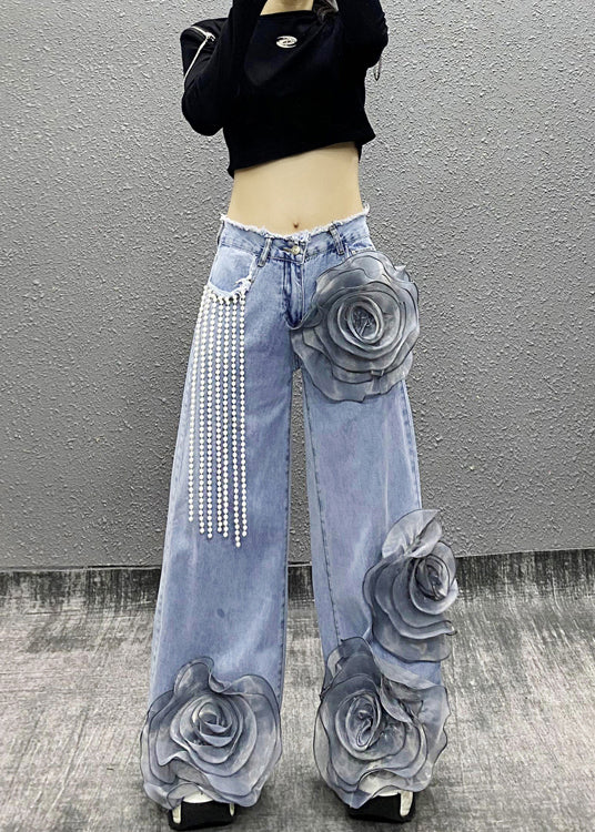 Blue Pockets Bead Tassel Denim Pants Fall