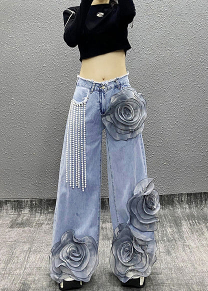 Blue Pockets Bead Tassel Denim Pants Spring