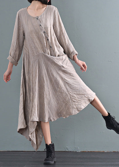 Khaki Asymmetrical Tie Dye Linen Ankle Dress Fall