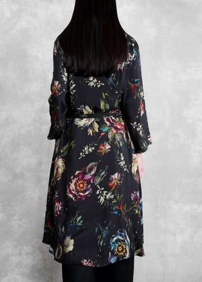 Organic Black Print Clothes Tie Waist Cardigan Coat