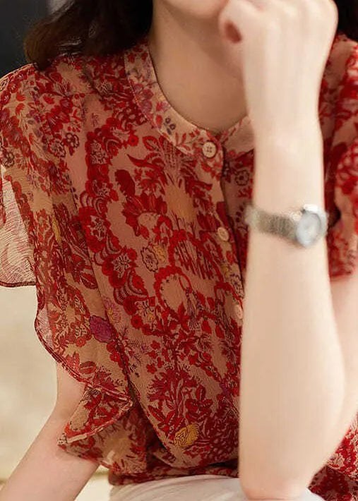 Red Ruffled Print Patchwork Silk Shirt Tops Summer