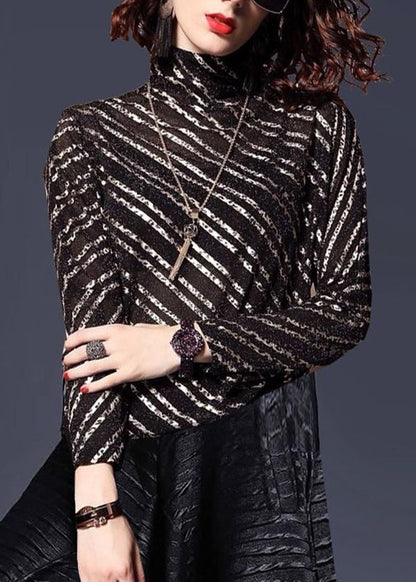 Black Stand Collar Striped Top Batwing Sleeve