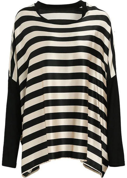 Black Striped O-neck Oversized Patchwork Silk Tops Batwing Sleeve