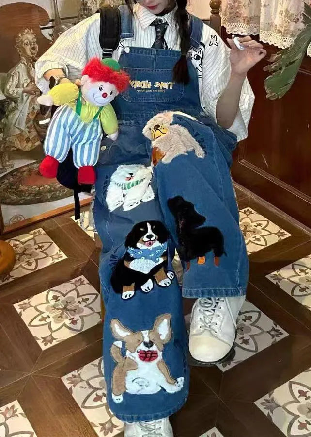 Fitted Blue Oversized Animals Denim Jumpsuit Summer