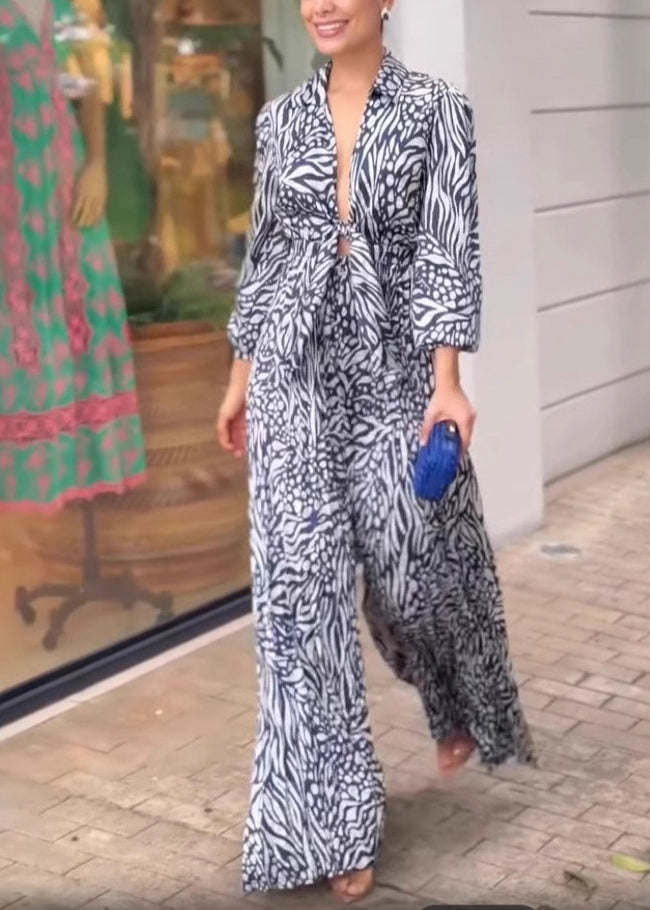V Neck Print Wide Leg Jumpsuit Spring