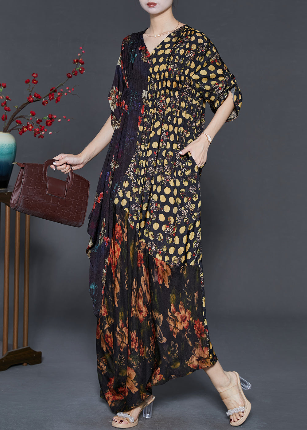 Black Asymmetrical Print Silk Vacation Dresses Spring