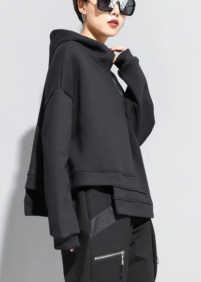 Black Hooded Zippered Asymmetrical Design Fall Sweatshirts Top