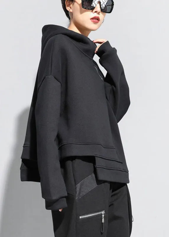 Black Hooded Zippered Asymmetrical Design Fall Sweatshirts Top
