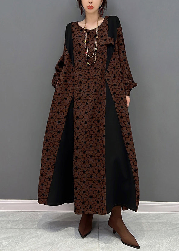 Brown O Neck Wrinkled Print Patchwork Cotton Long Dresses Fall