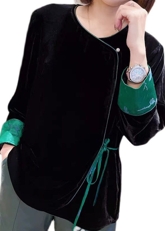 Black O-neck Tie Waist Patchwork Velour Coat Long Sleeve