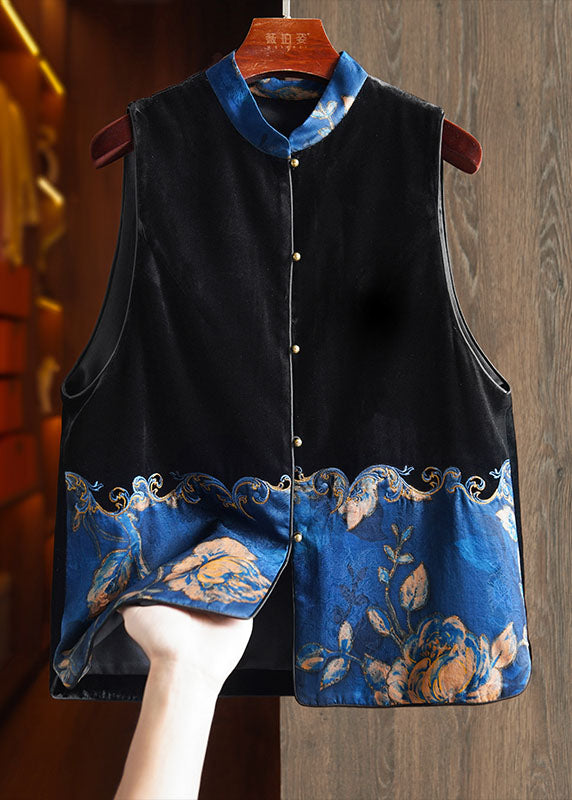 Black Stand Collar Embroideried Patchwork Silk Velour Waistcoat Sleeveless