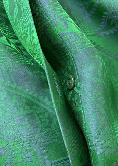 Green Stand Collar Button Jacquard Silk Blouse Tops Long Sleeve