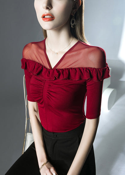 Red Patchwork Cotton T Shirts V Neck Summer