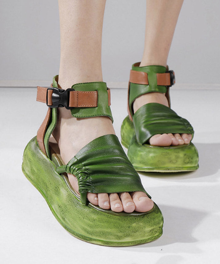 Green Platform Cowhide Leather Splicing Sandals