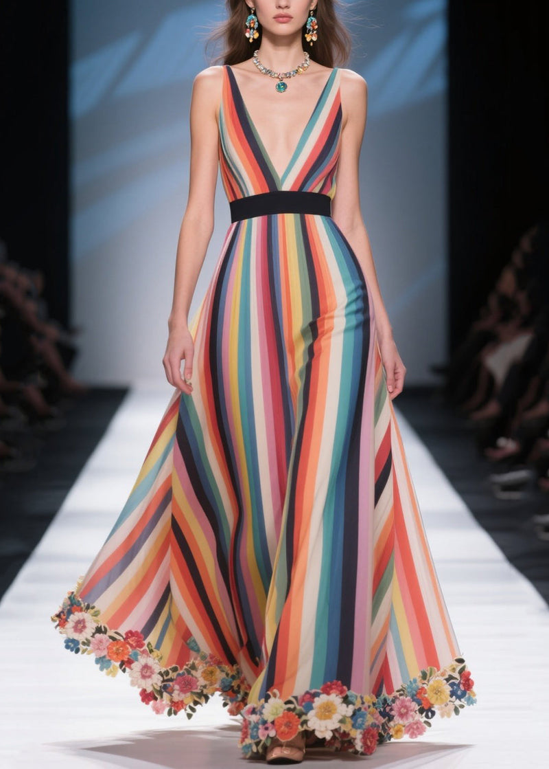 Rainbow Striped Patchwork Flower Chiffon Tunic Dress Summer