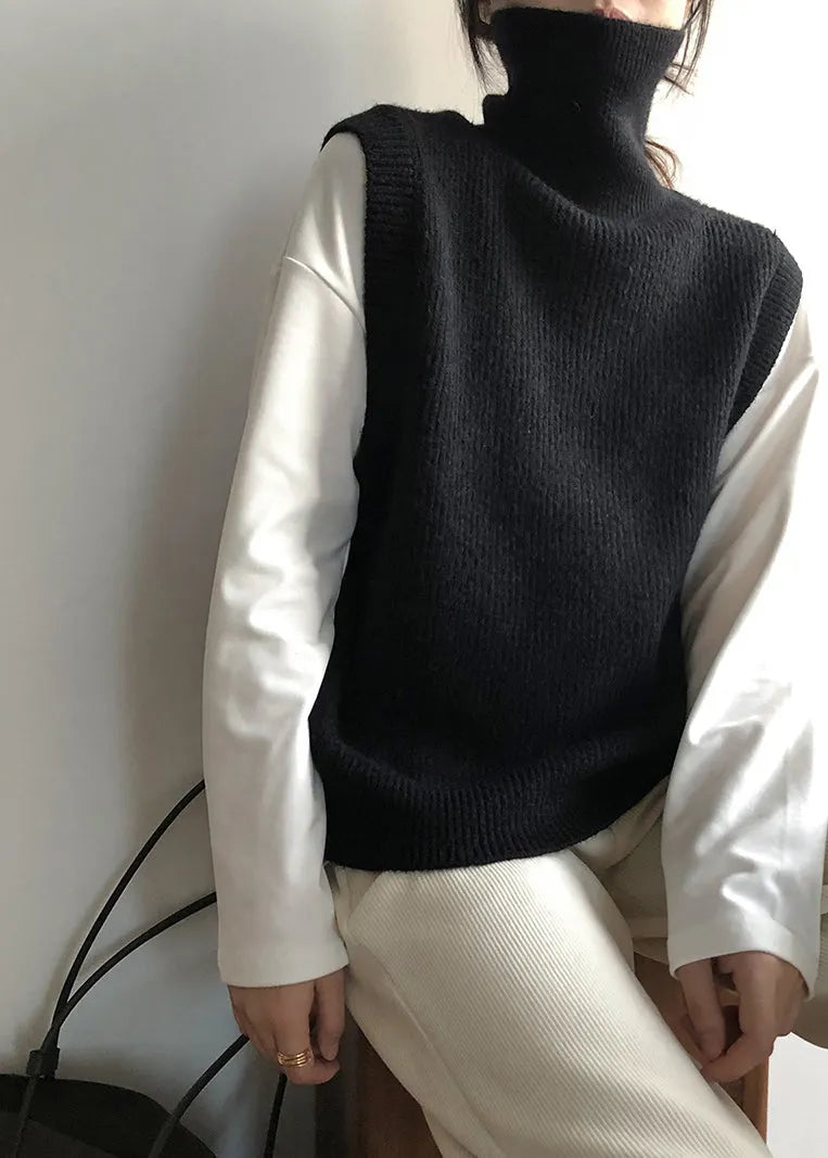 French Grey Hign Neck Versatile Knit Vest Sleeveless