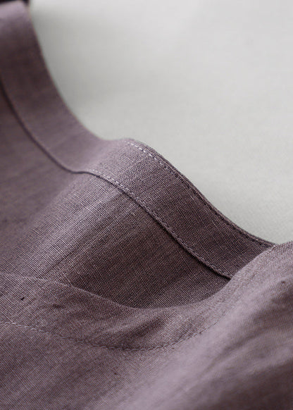Purple O Neck Tie Waist Pockets Linen Long Dress Summer