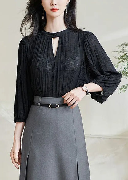 Jacquard Black Hollow Out Cotton Shirt Top Bracelet Sleeve