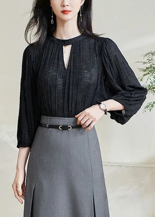 Jacquard Black Hollow Out Cotton Shirt Top Bracelet Sleeve