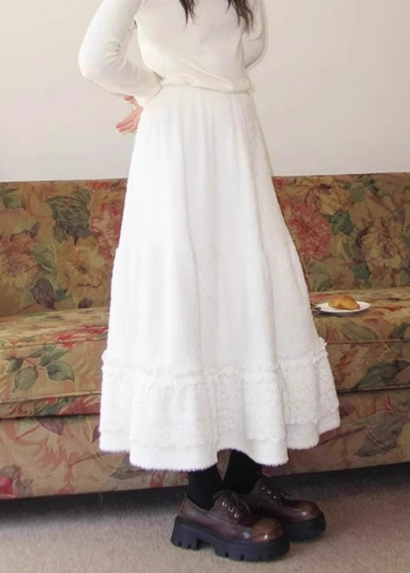 Simple Beige Lace Patchwork Elastic Waist Fluffy Skirt Spring