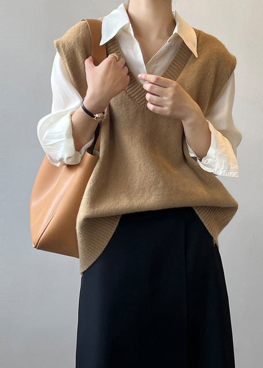 Simple Versatile Khaki V Neck Knit Vest Sleeveless