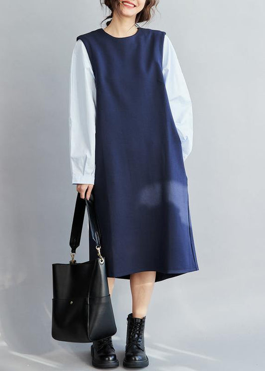 Classy False Two Pieces Cotton Spring Dress for Design Blue Dresses