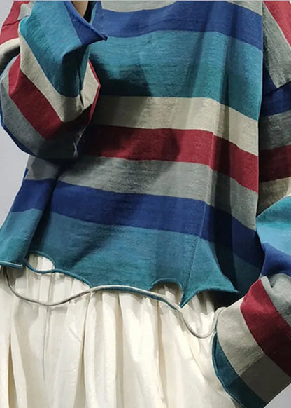 Stylish O-neck Asymmetrical Hole Striped Cotton Top Long Sleeve
