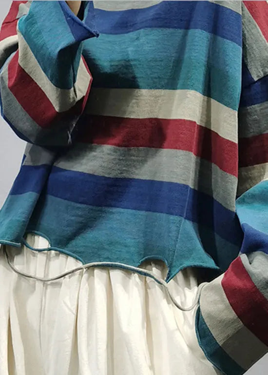 Stylish O-neck Asymmetrical Hole Striped Cotton Top Long Sleeve
