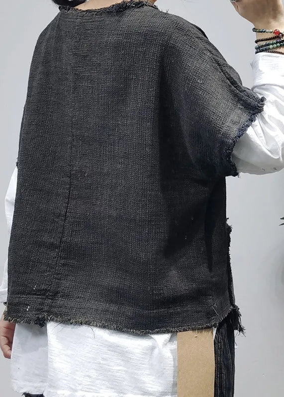 Black O-neck Asymmetrical Pocket Linen Tank Tops Short Sleeve