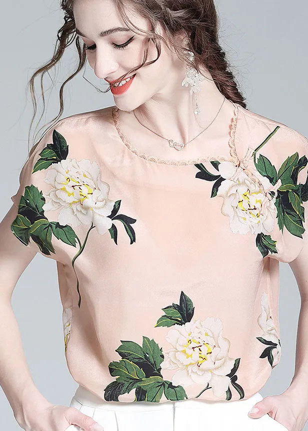 French Pink O Neck Print Patchwork Oriental Button Silk Tops Summer