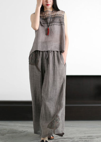 Grey Embroideried Hollow Out Tulle Patchwork Linen Two Piece Suit Set Sleeveless