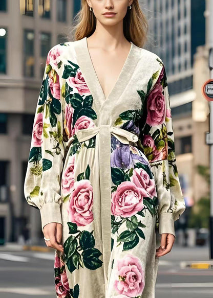 Apricot V Neck Print Silk Velour Dress Spring