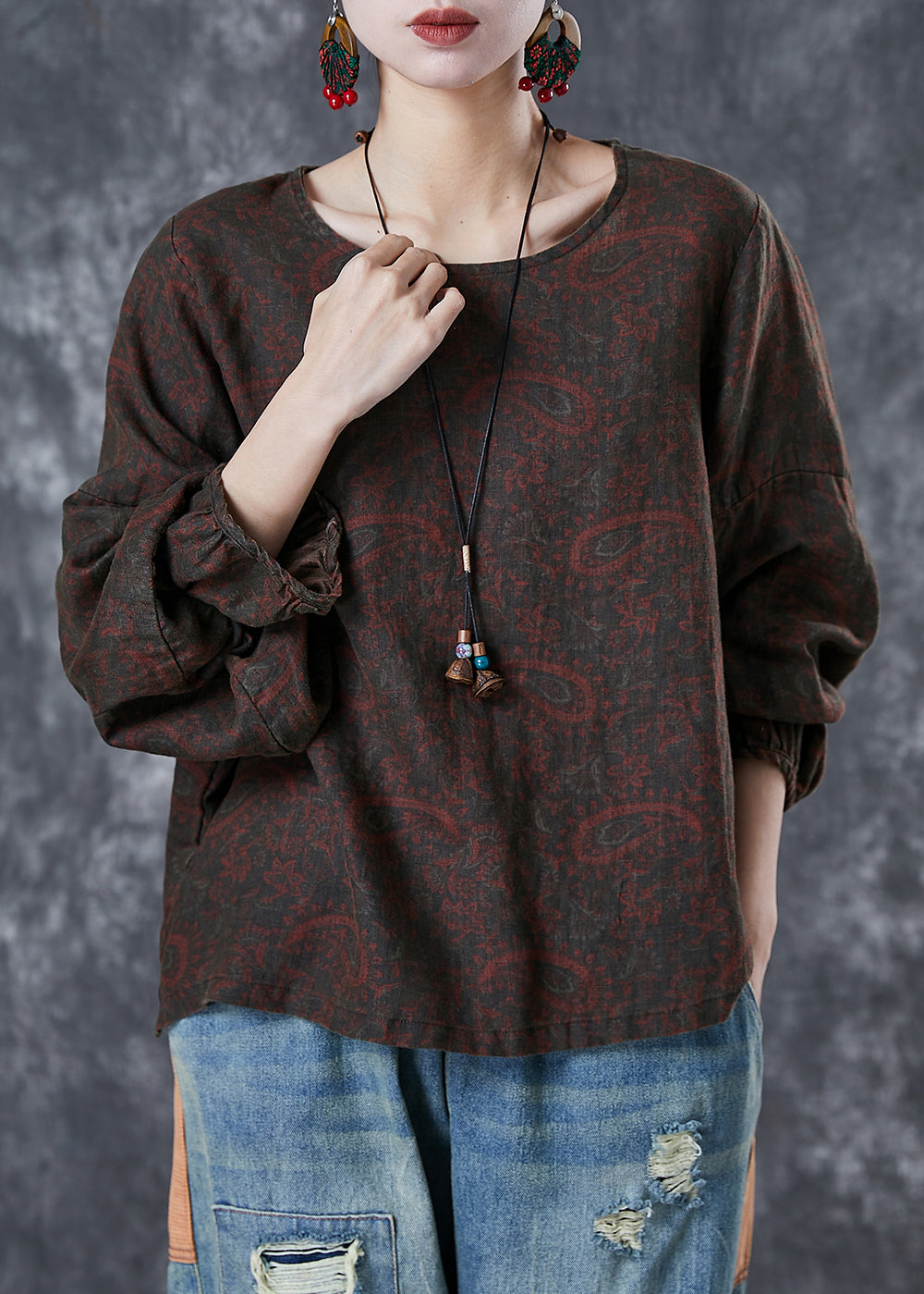 Chocolate Oversized Print Linen Shirt Tops Fall