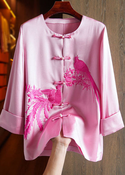 Classy Pink O-neck Embroideried Silk Top Long Sleeve