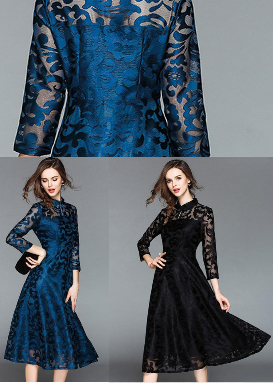 Blue Stand Collar Oriental Button Lace Long Dress Fall