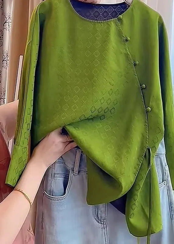 Chinese Style Green O-neck Side Open Top Fall