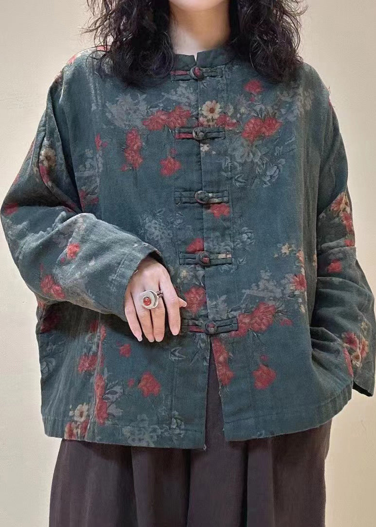 Mulberry Stand Collar Print Chinese Button Linen Blouses Spring