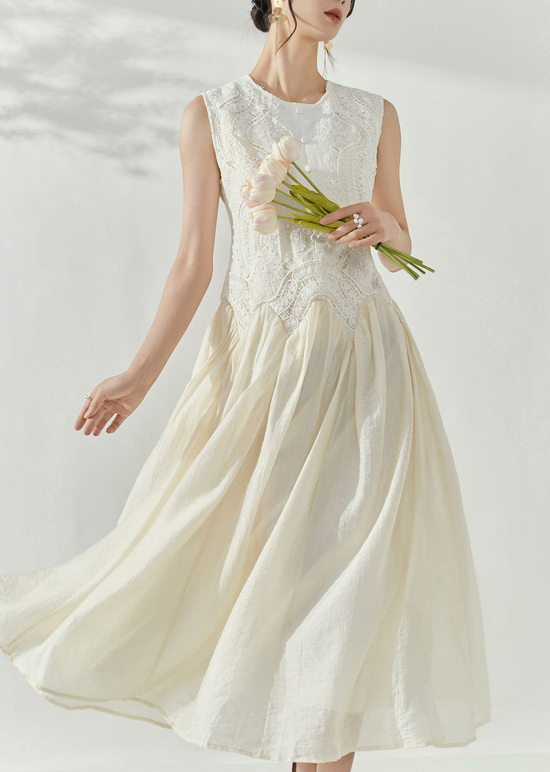 White O-neck Embroidered Patchwork Holiday Long Dress Summer