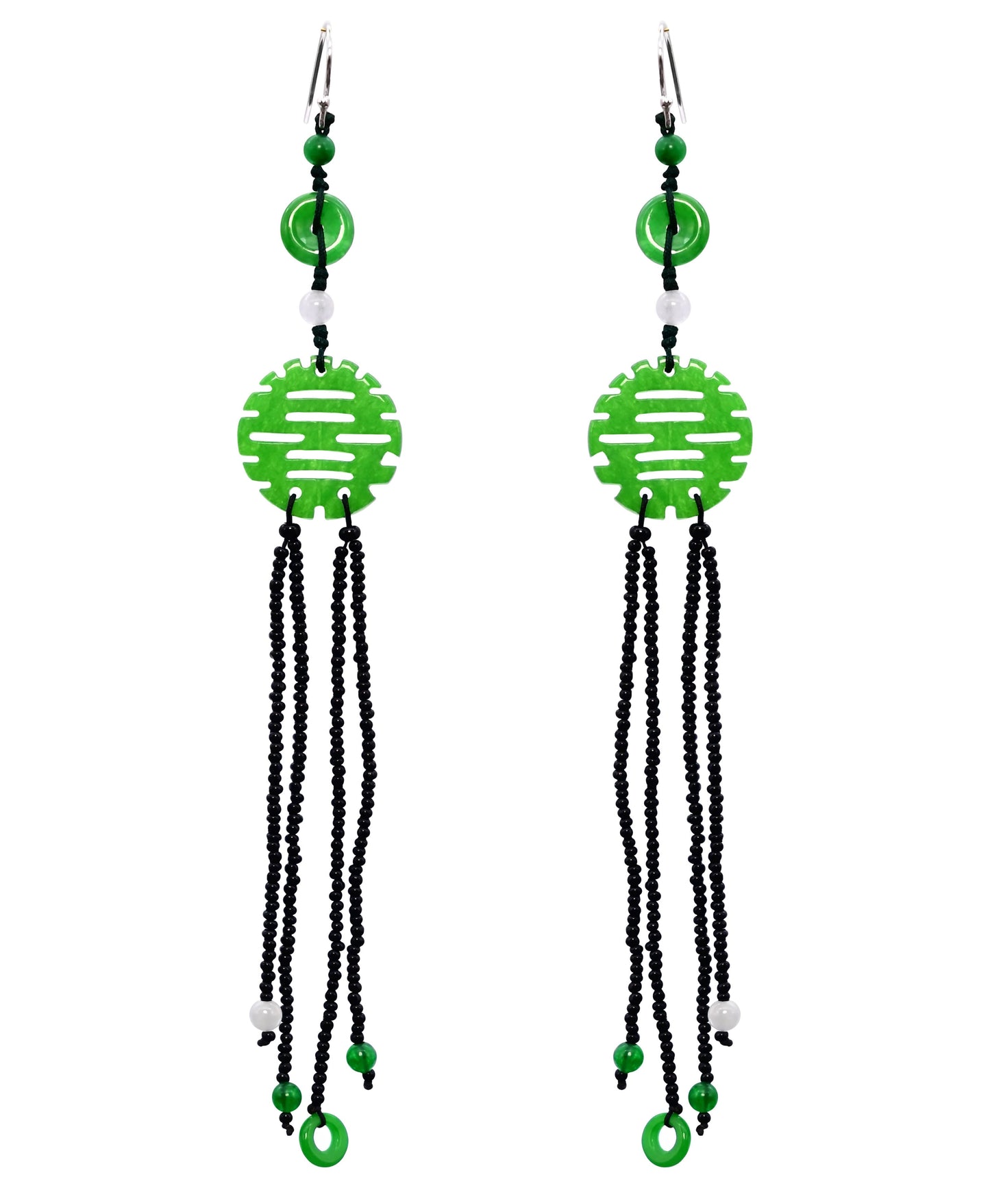 Handmade Green Sterling Silver Jade Tassel Glass Bea Drop Earrings
