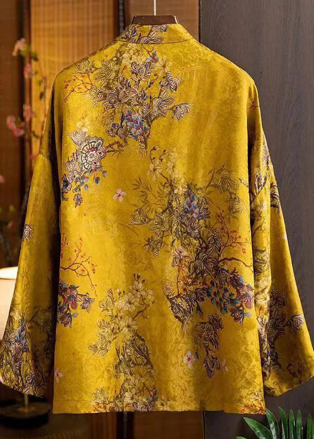 Yellow Stand Collar Oriental Button Patchwork Tassel Jacquard Silk Shirt Top Long Sleeve