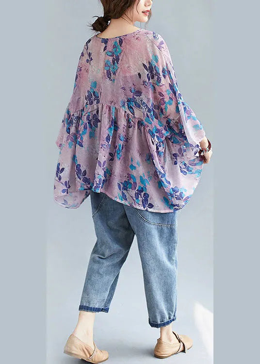 Diy Purple Print Loose Patchwork Asymmetrical Design Fall Blouses Half Sleeve