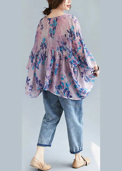 Diy Purple Print Loose Patchwork Asymmetrical Design Fall Blouses Half Sleeve