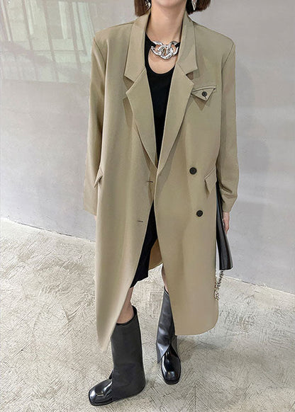 Simple Khaki Peterpan Collar Pockets Button Fall Long Sleeve Coat