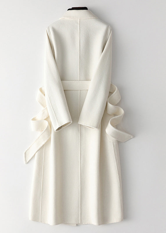 White Notched Tie Waist Woolen Long Coats Fall