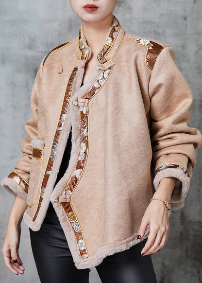 Khaki Chinese Button Patchwork Warm Fleece Coats Spring