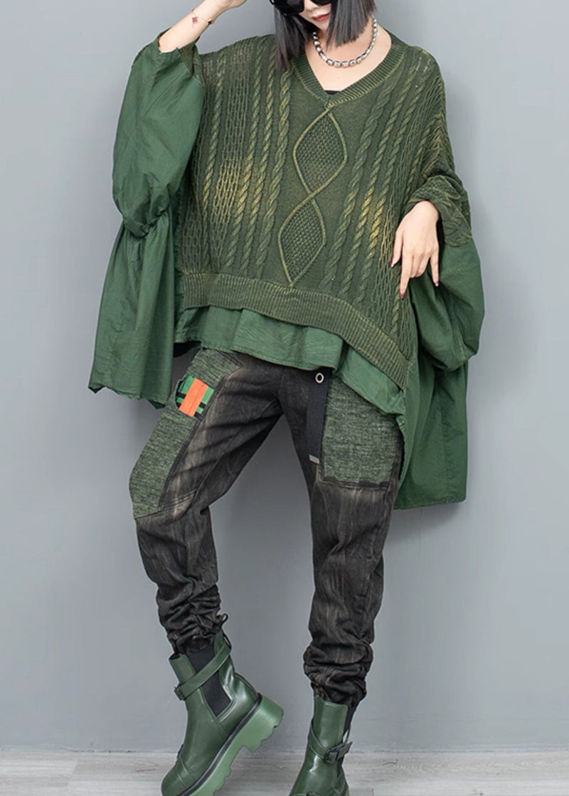 Green Patchwork Knit Pullover V Neck Ruffled Batwing Sleeve Fall